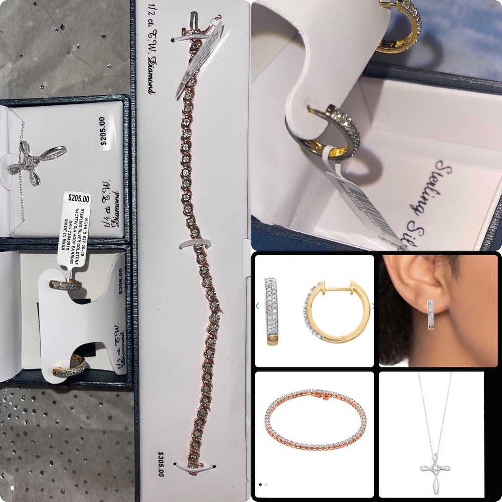 1/2CT Diamond Tennis Bracelet,1/2 CT Diamond Cross Pendant & 1/4CT Hoop Earrings